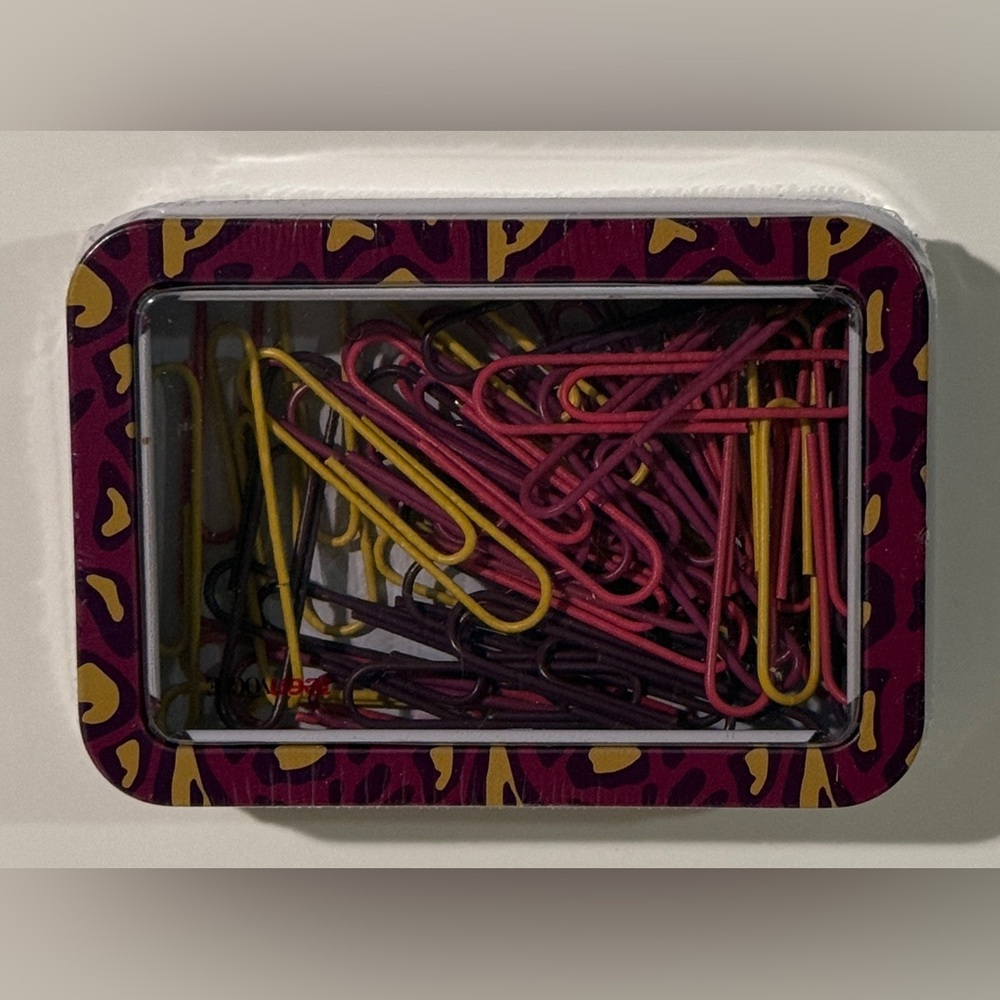 Staples Pink, Purple & Yellow Jumbo Paper Clips in Cheetah Tin, 50 Count